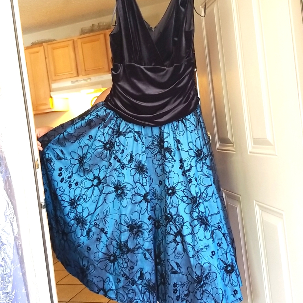 Christmas party or formal affair black and blue velour dress.
